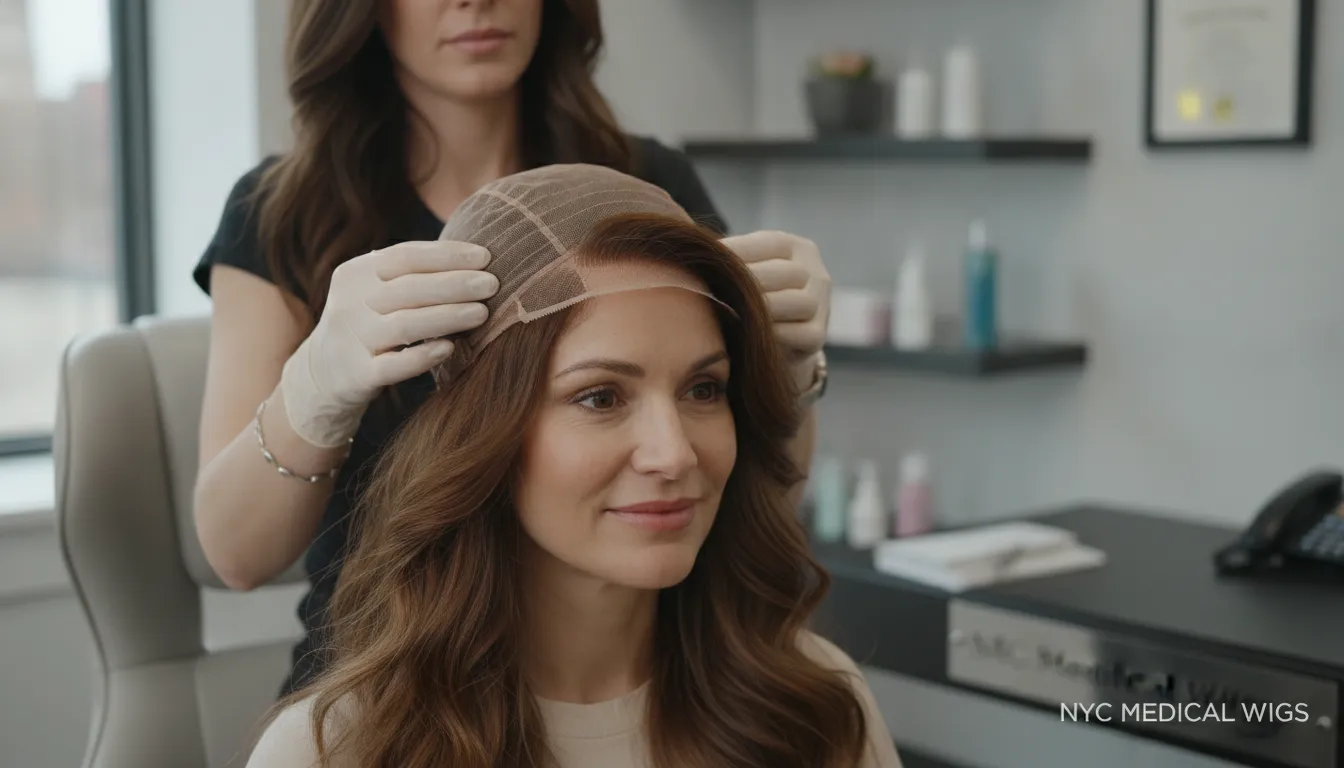 A client receiving a private cranial prosthesis consultation at NYC Medical Wigs with lace-front cap inspection, professional medical setting