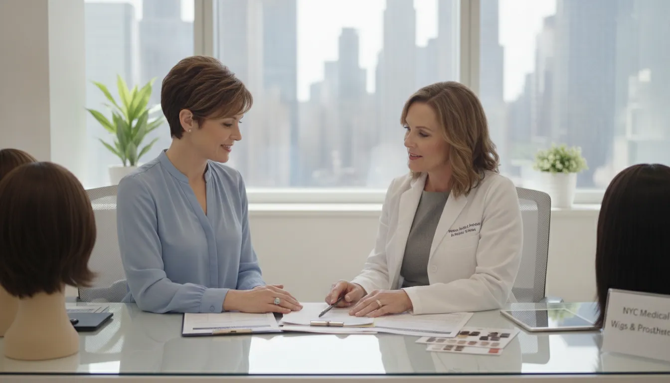 Patient meeting with a cranial prosthesis specialist at a consultation desk in a NYC medical wig clinic, reviewing insurance paperwork together