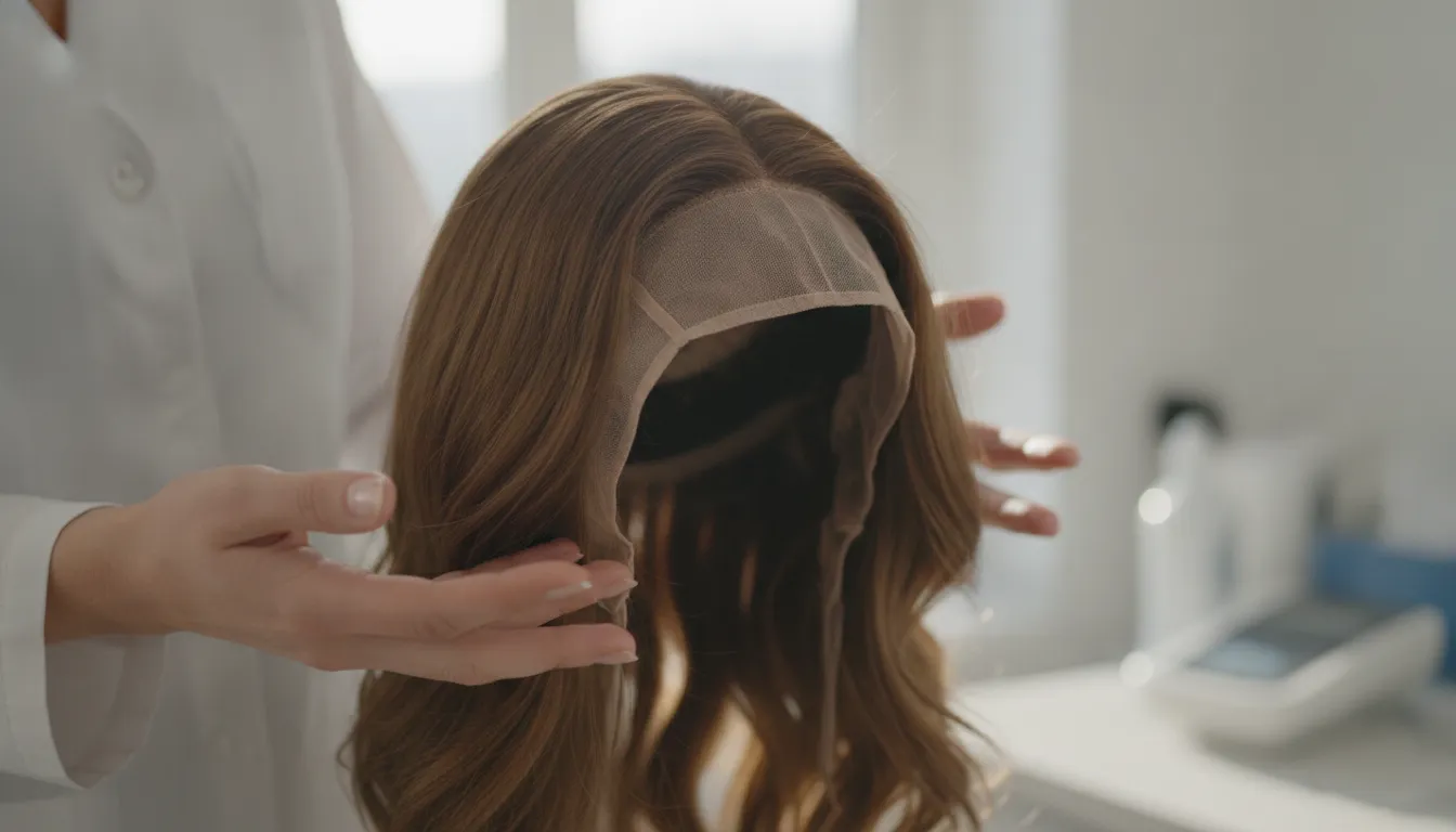 Natural-looking human hair cranial prosthesis with lace front detailing held in a private consultation setting