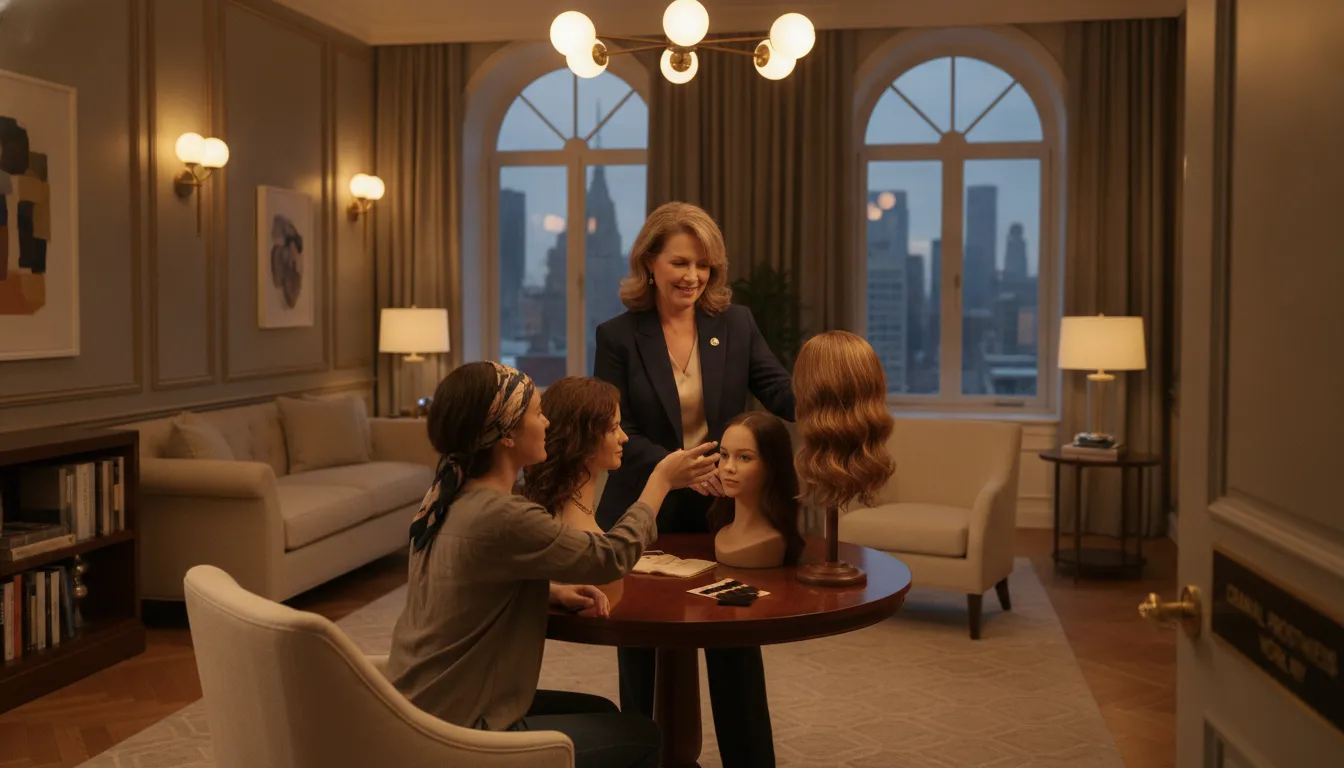 Private medical wig consultation room in NYC with a cranial prosthesis specialist and patient reviewing options