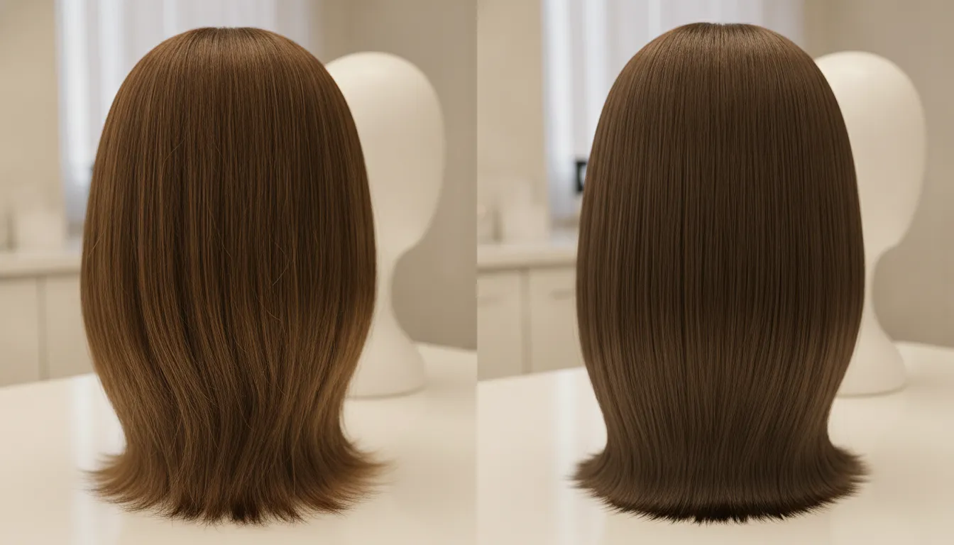 Human hair and synthetic strands side by side on a medical wig display showing texture differences