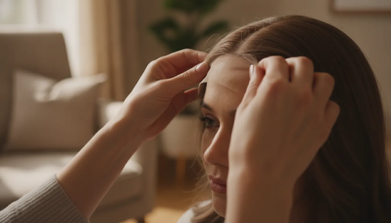 A cranial prosthesis specialist positions the sheer lace front edge of a human-hair medical wig at a woman's hairline during a private fitting