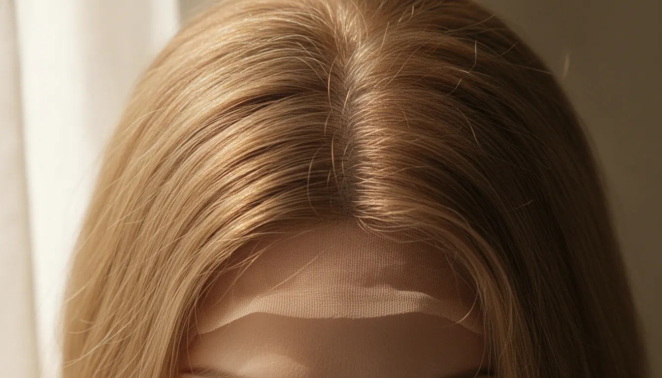 A monofilament top medical wig gently parted to show the hand-tied mesh and natural scalp appearance