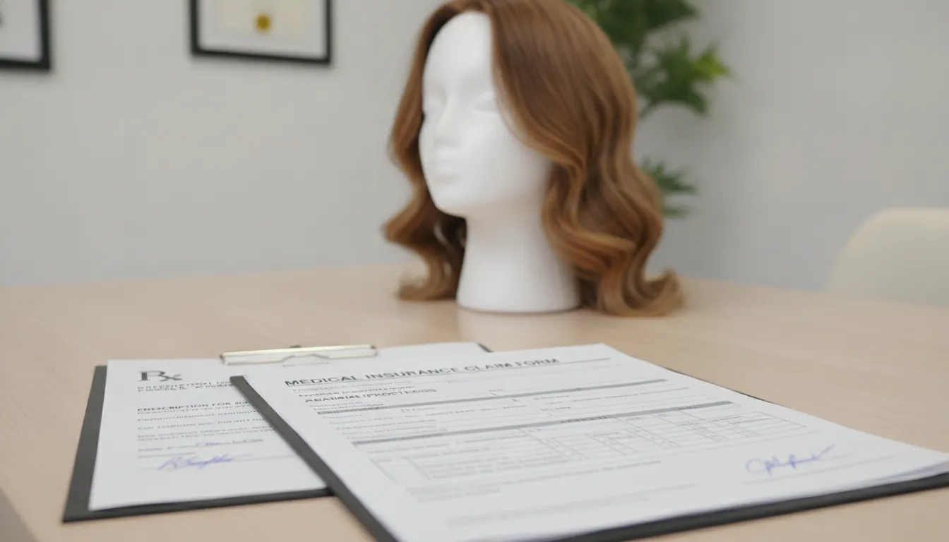 Insurance claim documents and prescription forms beside a medical cranial prosthesis in a professional office setting