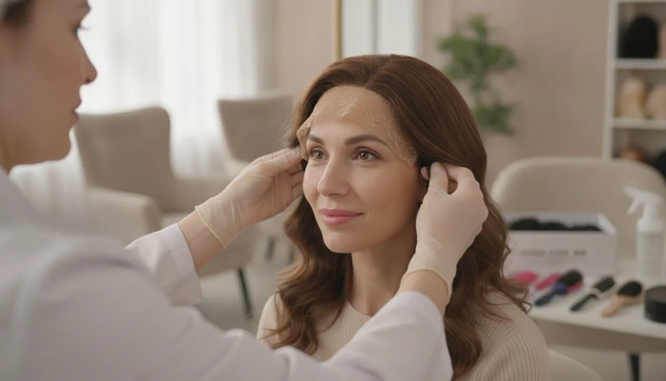 Specialist adjusting a natural-looking human hair medical wig on a patient during a private cranial prosthesis fitting consultation