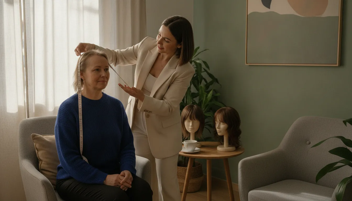 Specialist gently measuring a woman's head during a private wig fitting near me at NYC Medical Wigs