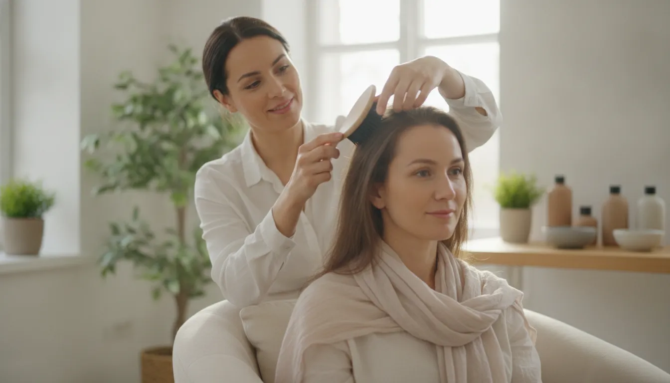 A specialist gently brushing the hair of a woman preparing for chemotherapy in a calm, bright consultation setting