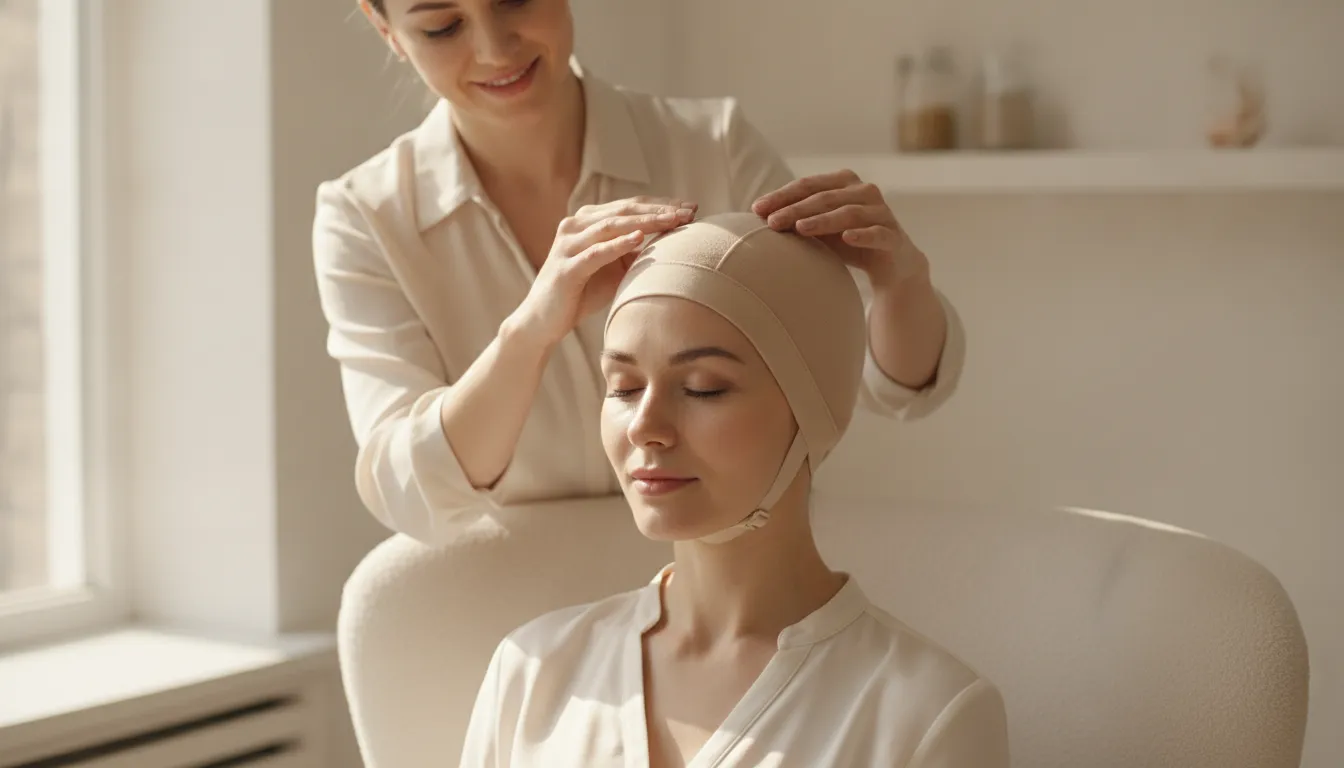 A specialist carefully fitting a soft medical wig cap on a woman in a private fitting studio, capturing a secure and comfortable fit