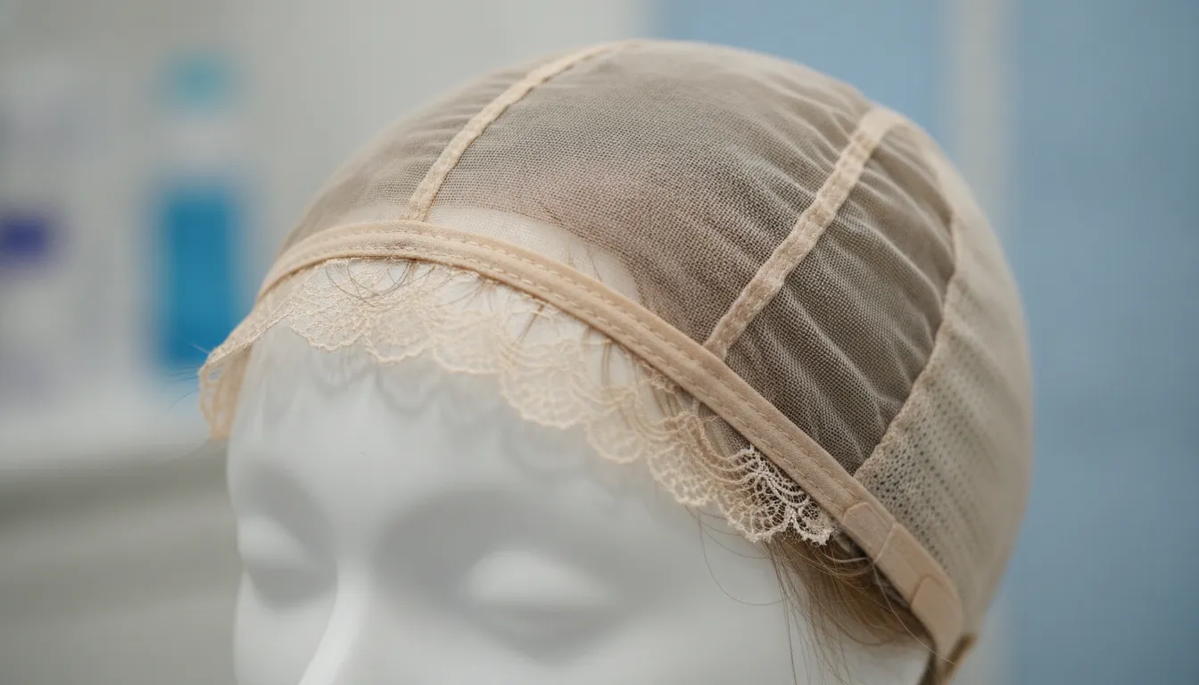 Close-up of a medical wig cap showing monofilament top and lace front construction
