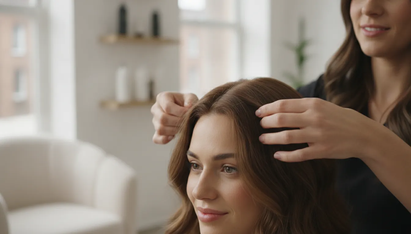 Specialist adjusting a human hair medical wig during a cranial prosthesis fitting for comfortable daily wear