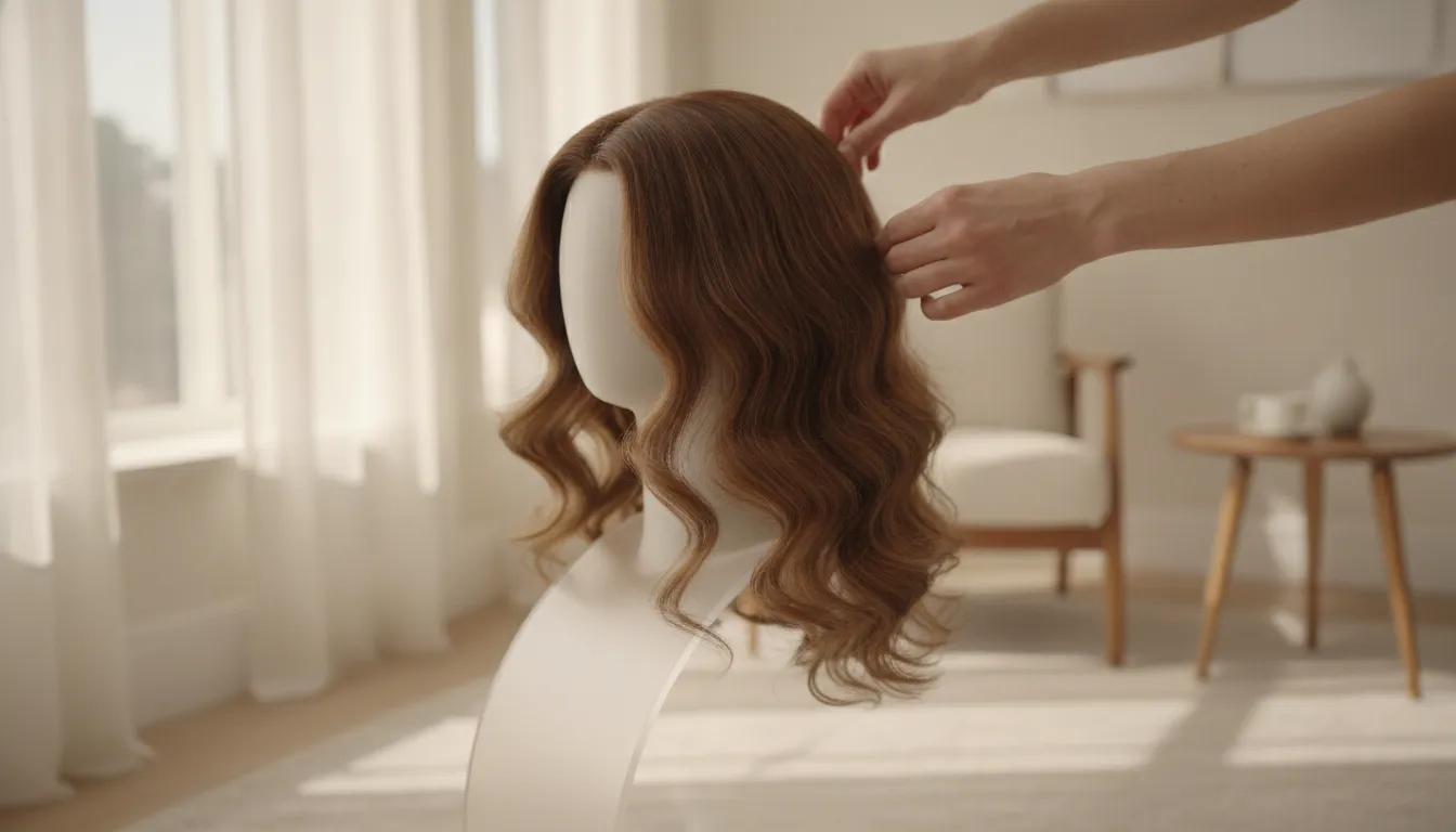 A wavy human hair medical wig displayed in a bright consultation room