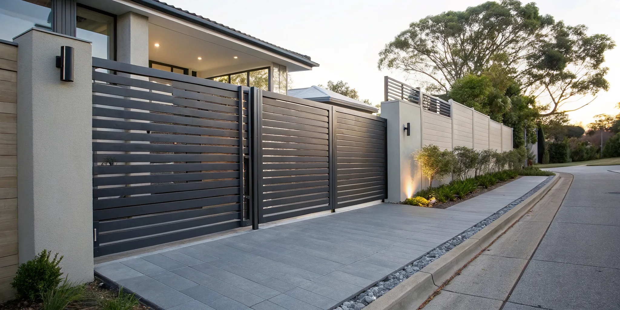 Modern metal automatic driveway gates providing security for a home.