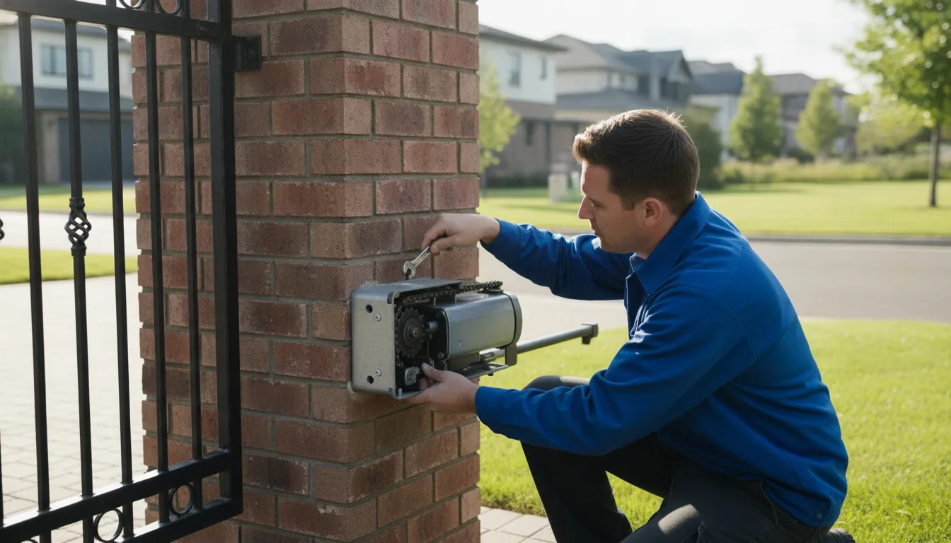 Technician servicing a chain-driven automatic gate operator on a driveway gate