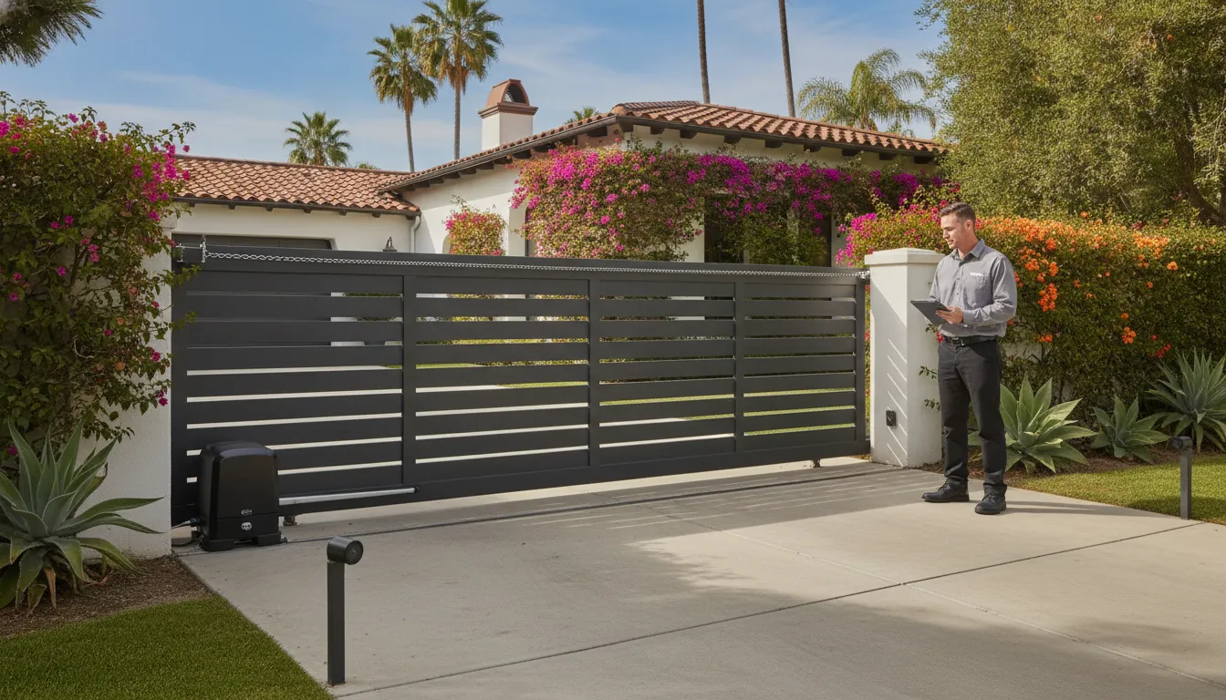 Automatic gate safety sensors with a chain-drive operator at a Southern California sliding gate