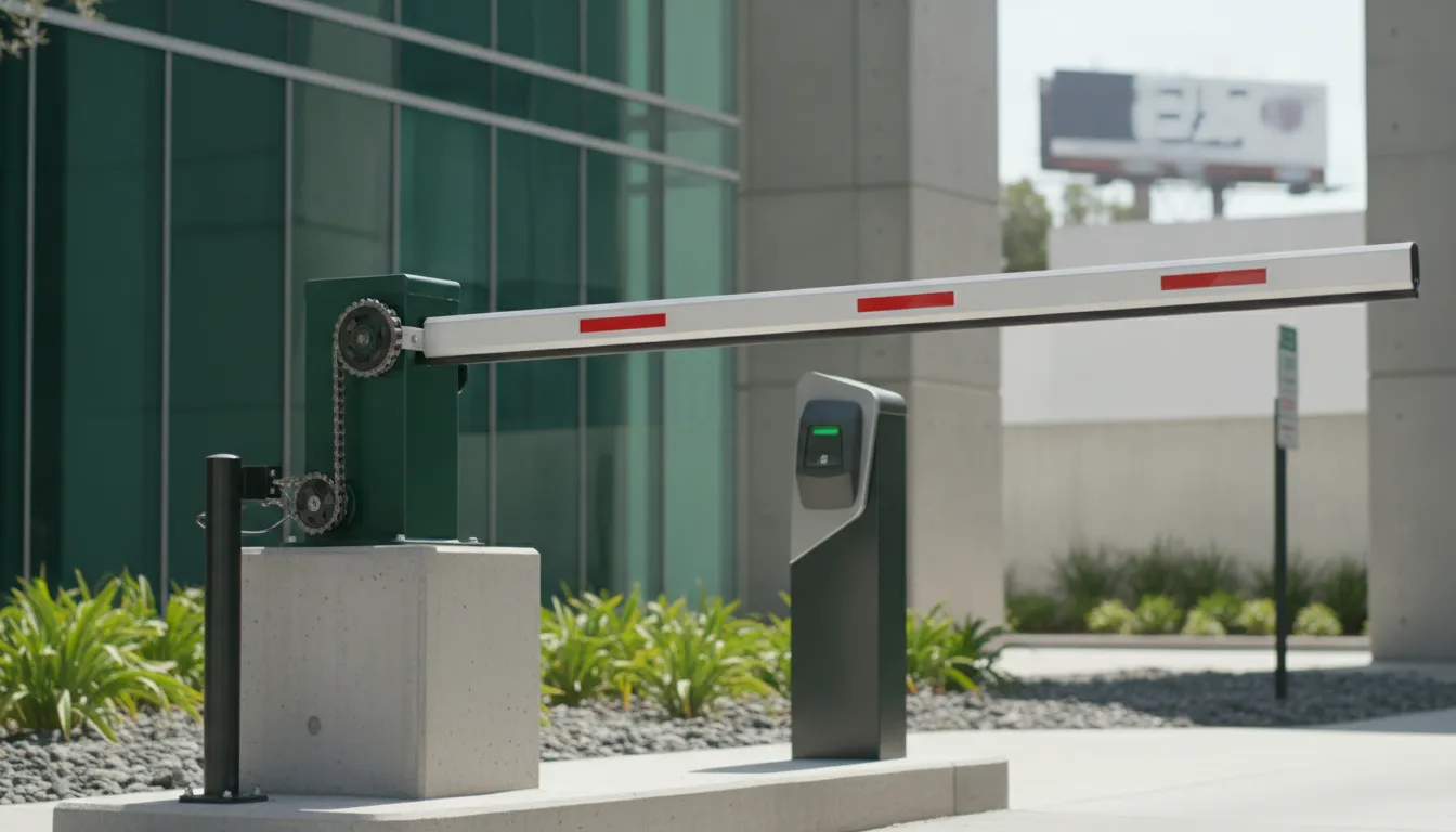 Commercial barrier arm gate with chain-drive electric operator and access reader
