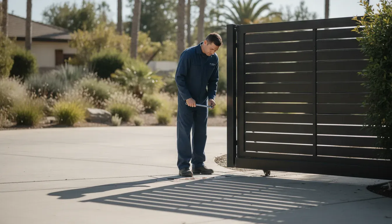 Gate technician inspecting and servicing a residential electric gate track