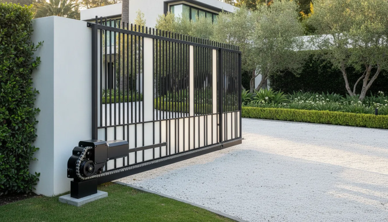 Chain-drive electric gate motor on a sliding driveway gate
