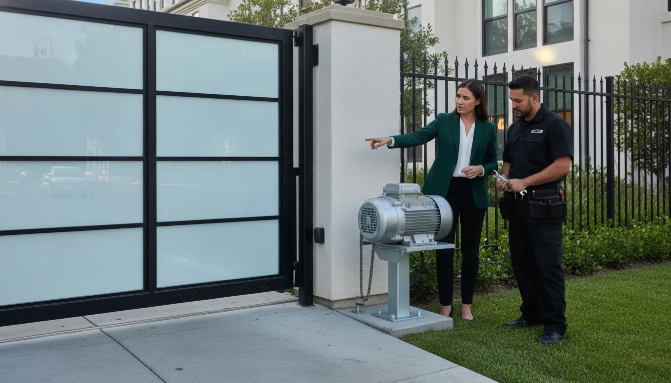 Technician reviewing a chain-drive gate operator at an apartment community