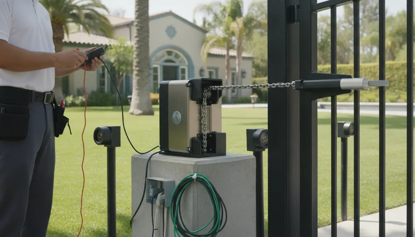 Technician inspecting a chain-drive electric gate operator during an electric gate maintenance service visit