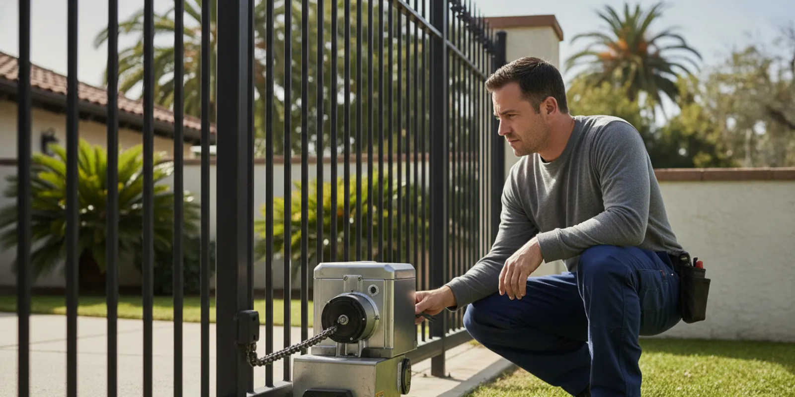 Technician examining a chain-drive gate operator beside an existing sliding gate