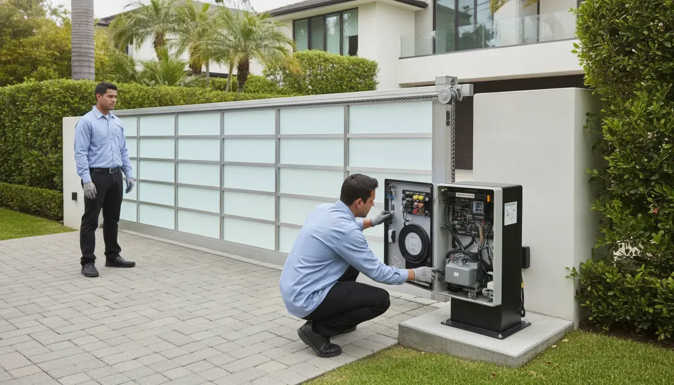 Technician assessing a chain-drive electric gate motor for repair or replacement