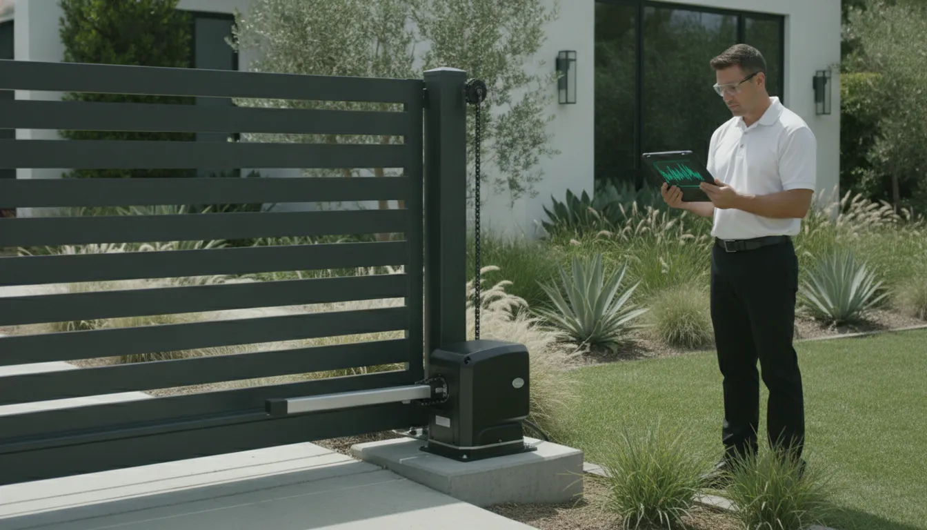 Technician inspecting a chain-drive electric gate motor beside a sliding driveway gate