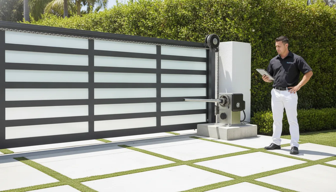 Technician inspecting a chain-drive electric gate operator beside a sliding gate