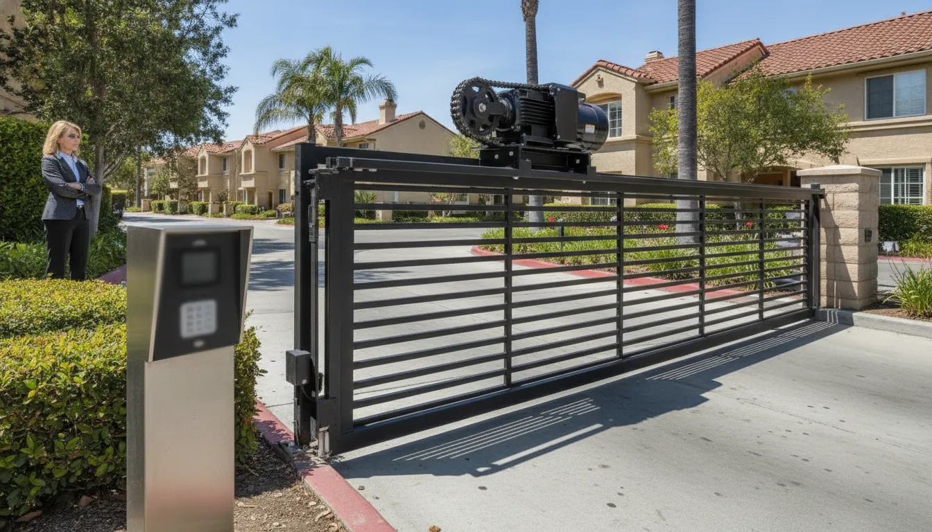 Gate access control for HOA community with a sliding gate operator and entry pedestal