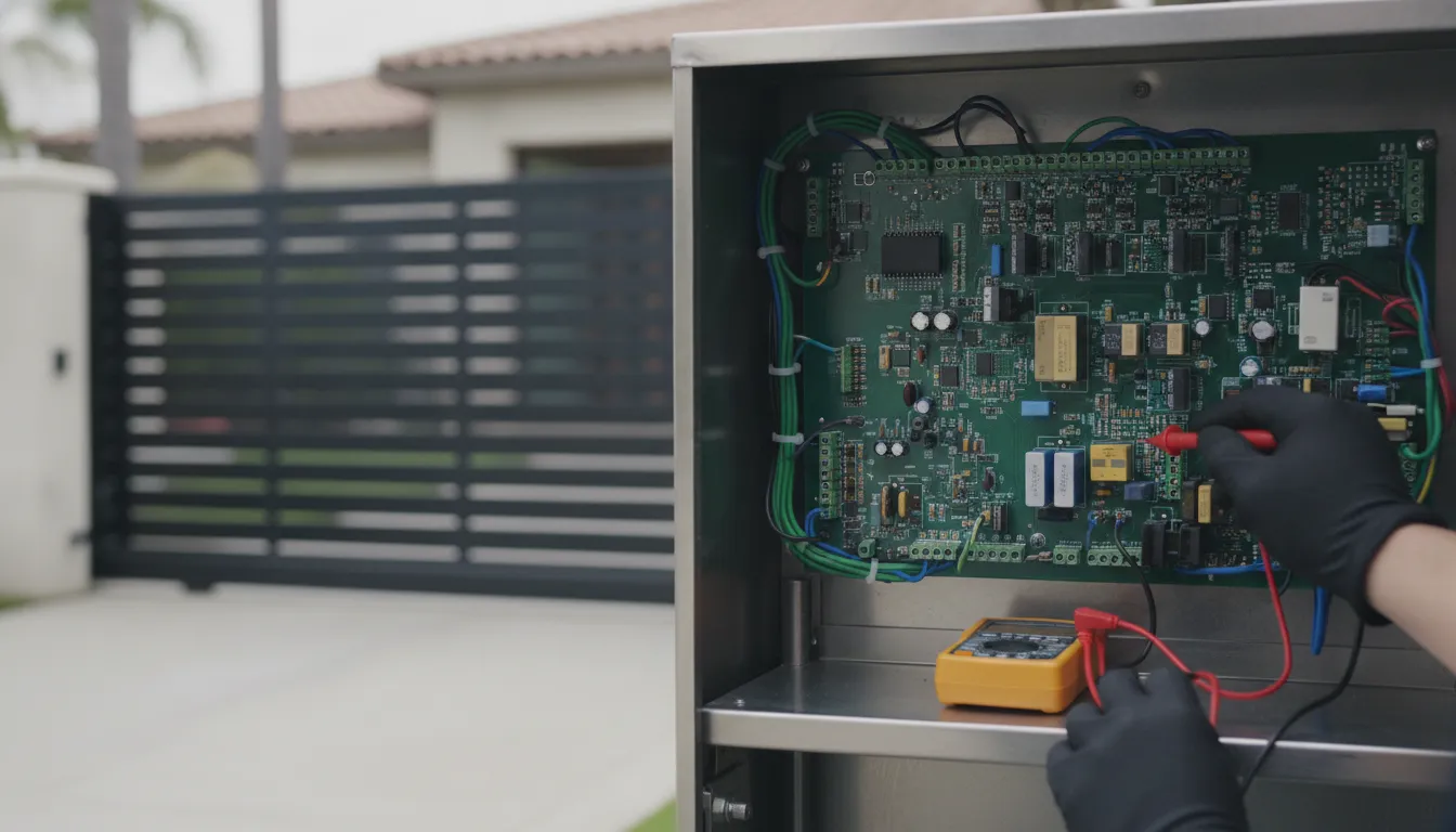 Technician testing the control board inside an electric gate operator cabinet