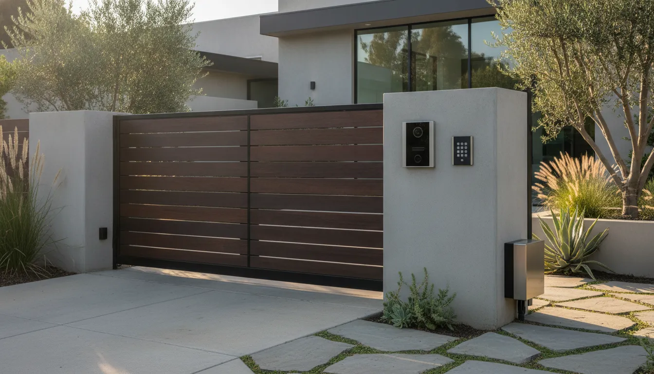 Modern gate keypad and video intercom beside an enclosed electric gate operator