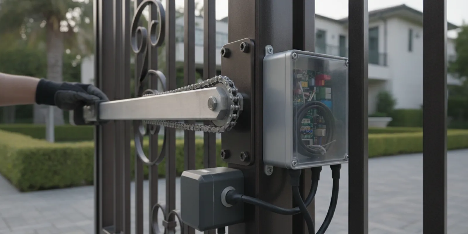 Electric gate operator mounted beside an existing swing gate during a service assessment