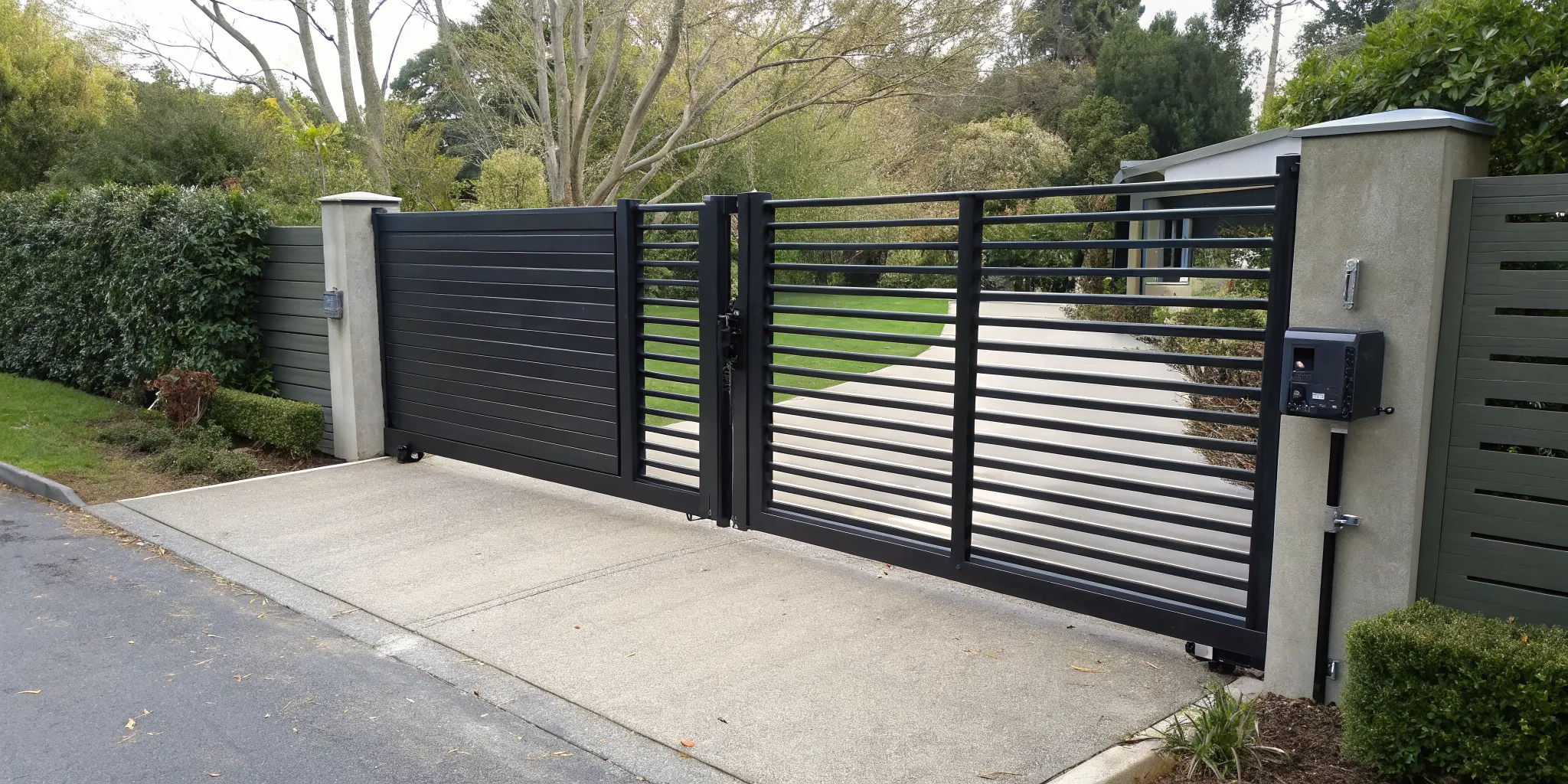 An automatic gate opener's motor and keypad system that controls how a residential gate works.