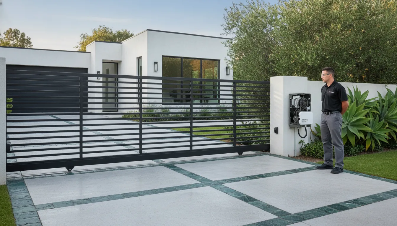 Chain-drive electric gate operator beside a sliding gate at a home