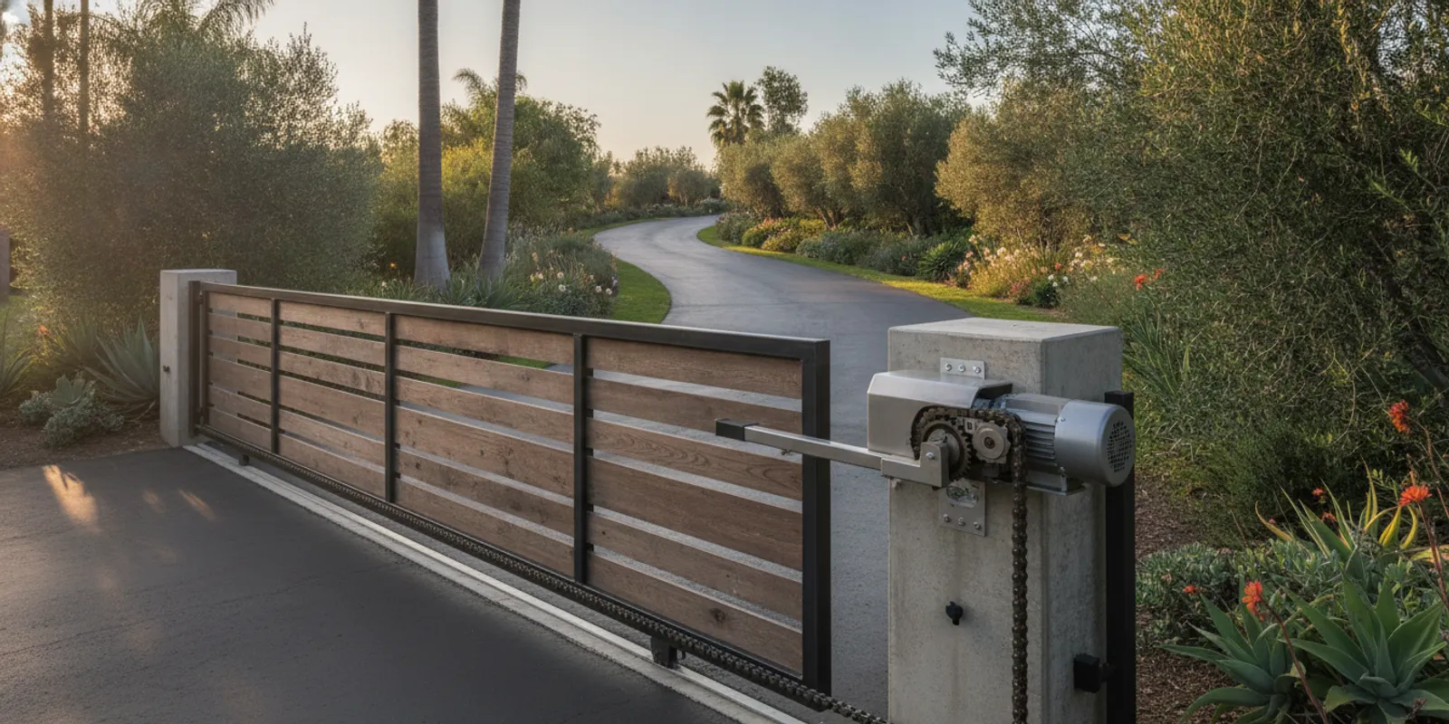 Chain-drive operator beside a long residential driveway gate