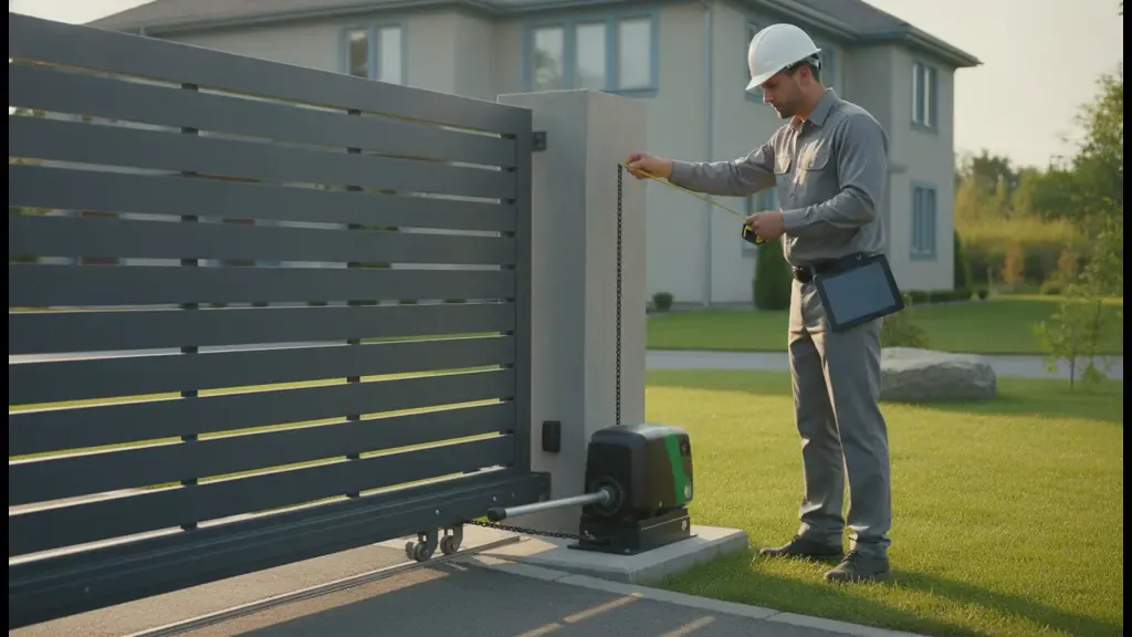 Technician assessing a chain-drive operator on an existing sliding gate