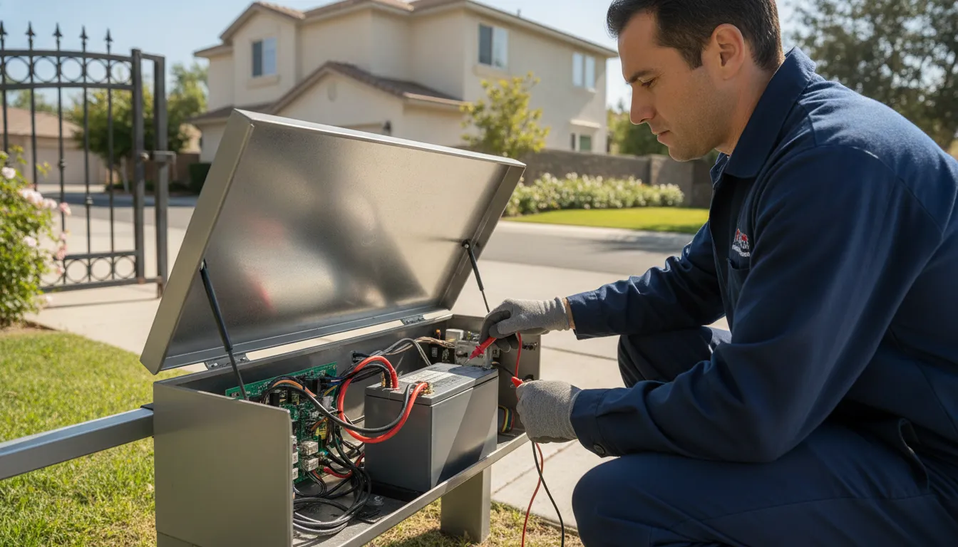 Technician inspecting the backup battery inside an automatic gate operator control box