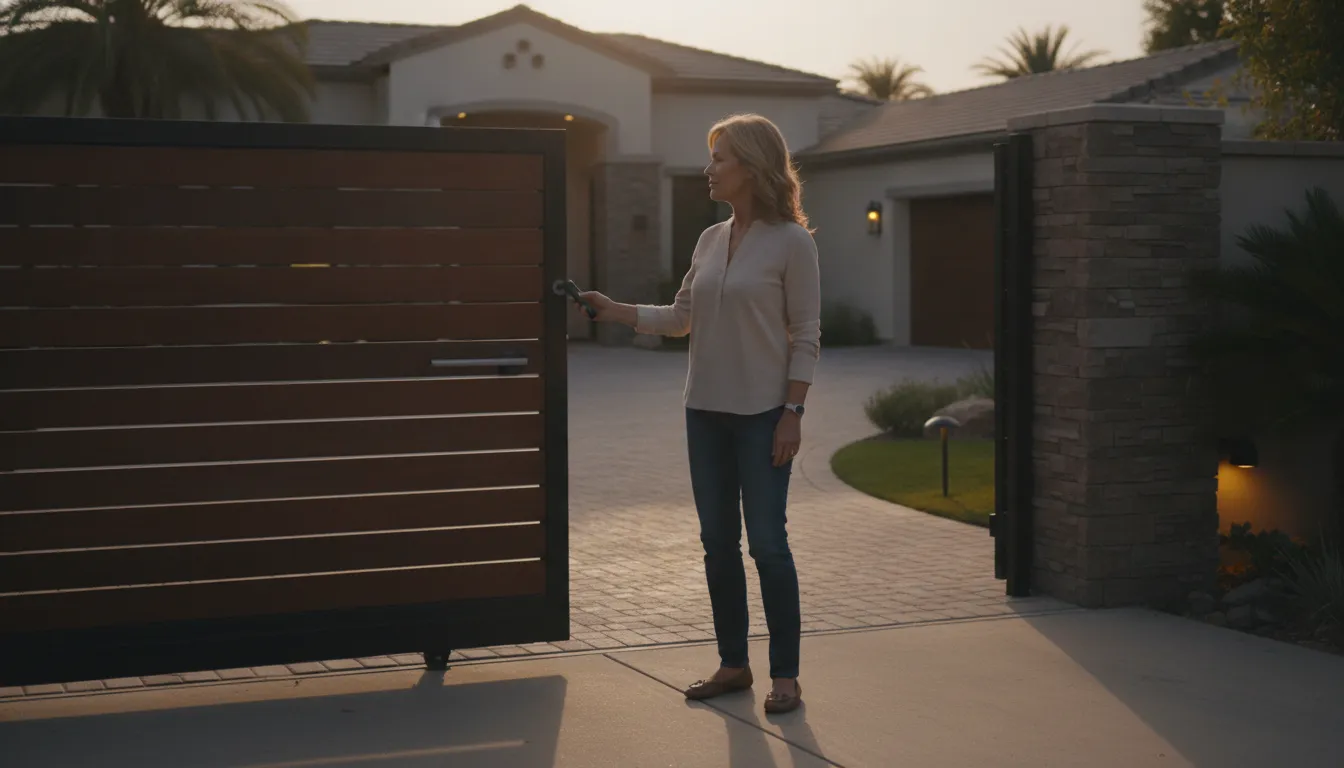 Homeowner opening an automatic driveway gate with a remote control at dusk