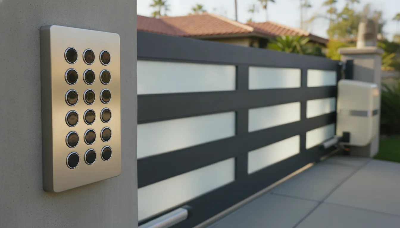 Modern gate keypad beside a sliding gate with enclosed electric operator