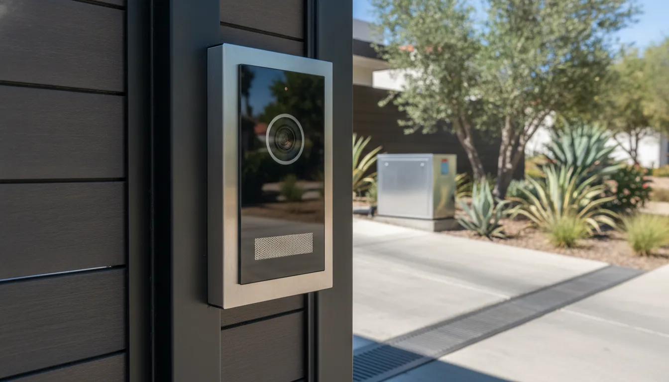 Modern video intercom beside a sliding gate with enclosed electric operator