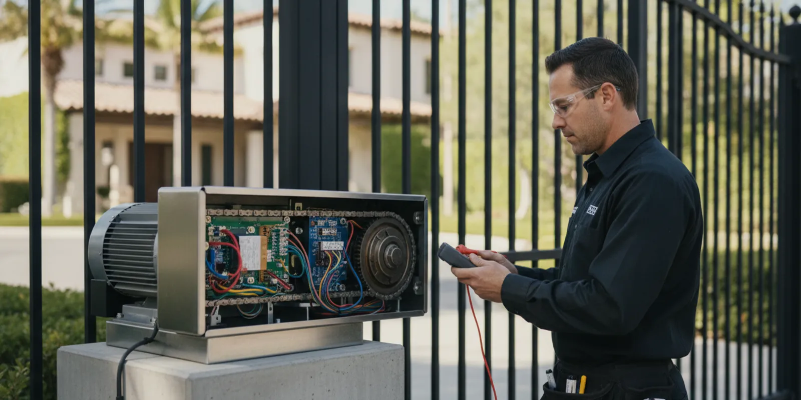 Technician inspecting a chain-driven electric gate operator beside an existing gate