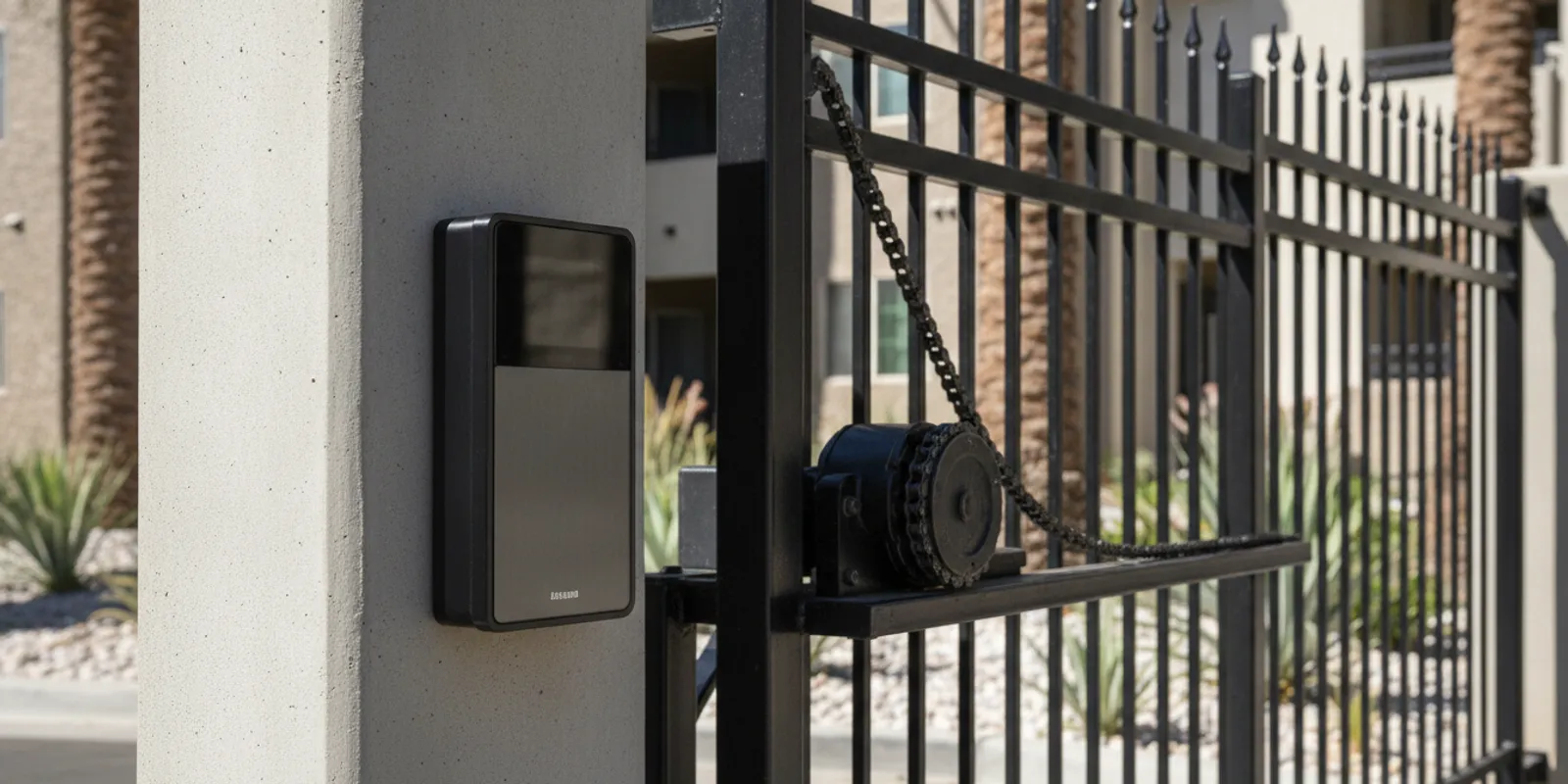 RFID card reader installed beside an existing vehicle gate entry
