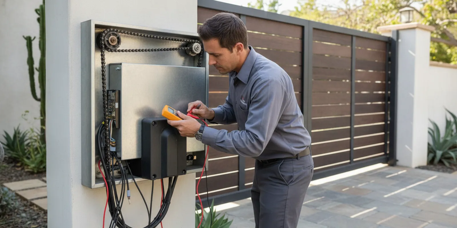 Technician inspecting an electric operator beside an existing horizontal sliding gate