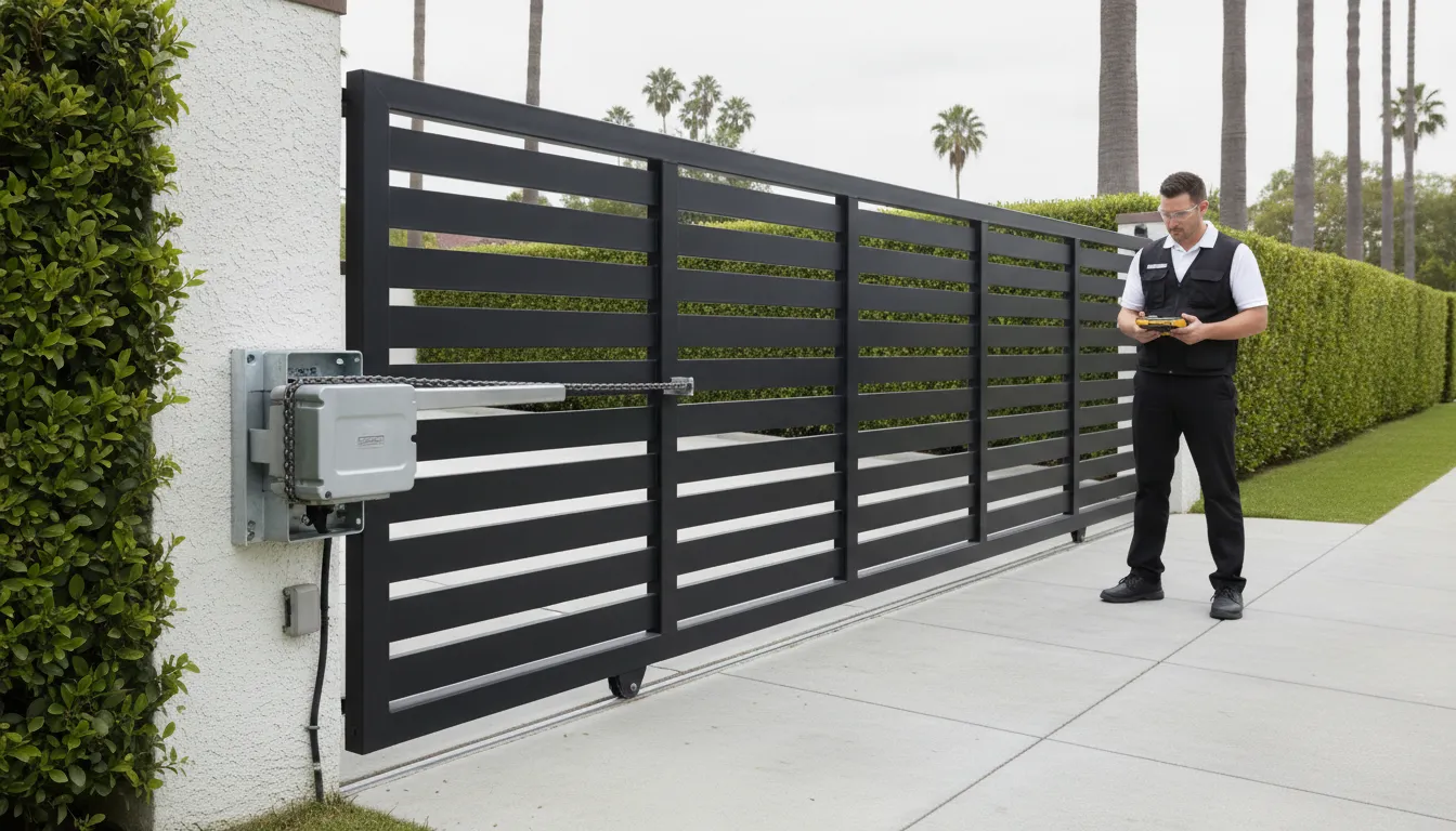 Technician inspecting a chain-drive electric gate operator in Los Angeles