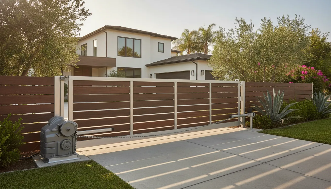 Chain-driven sliding gate opener motor mounted on a residential Southern California sliding fence gate