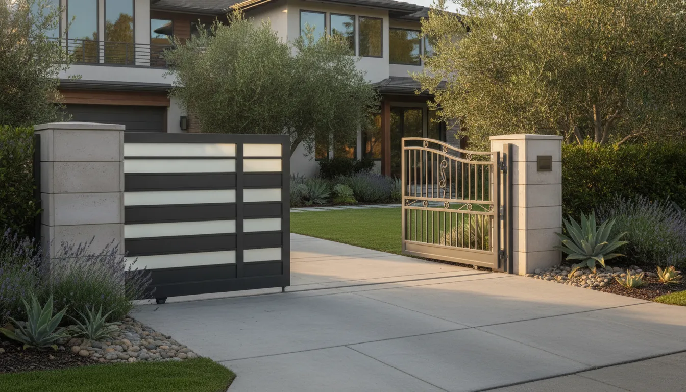 A modern residential driveway with a sliding gate opener and a swing gate opener, comparing automatic gate automation styles