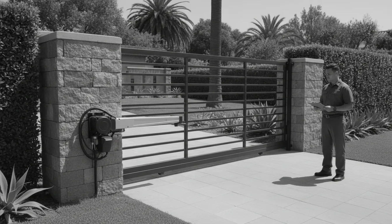Technician diagnosing a swing gate operator on an existing gate