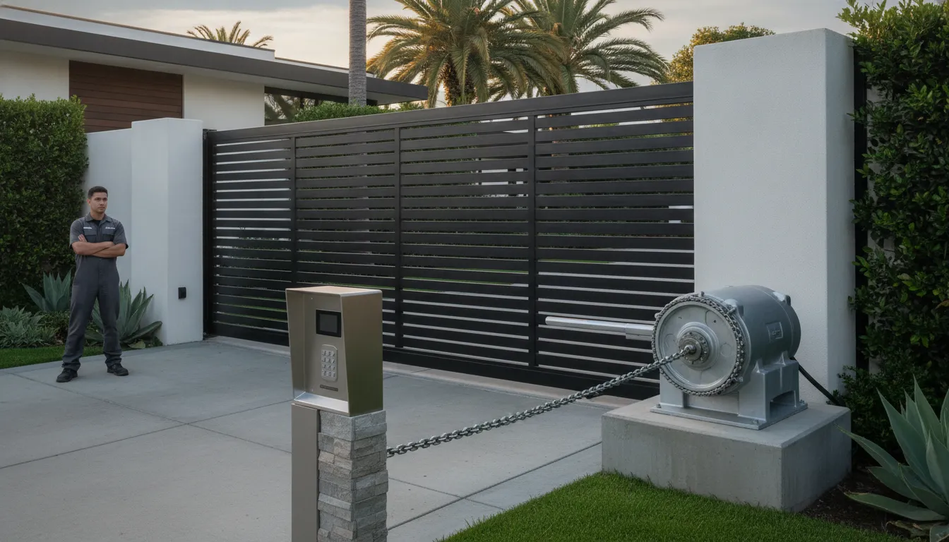 Telephone entry call station and chain-drive operator at a modern sliding gate