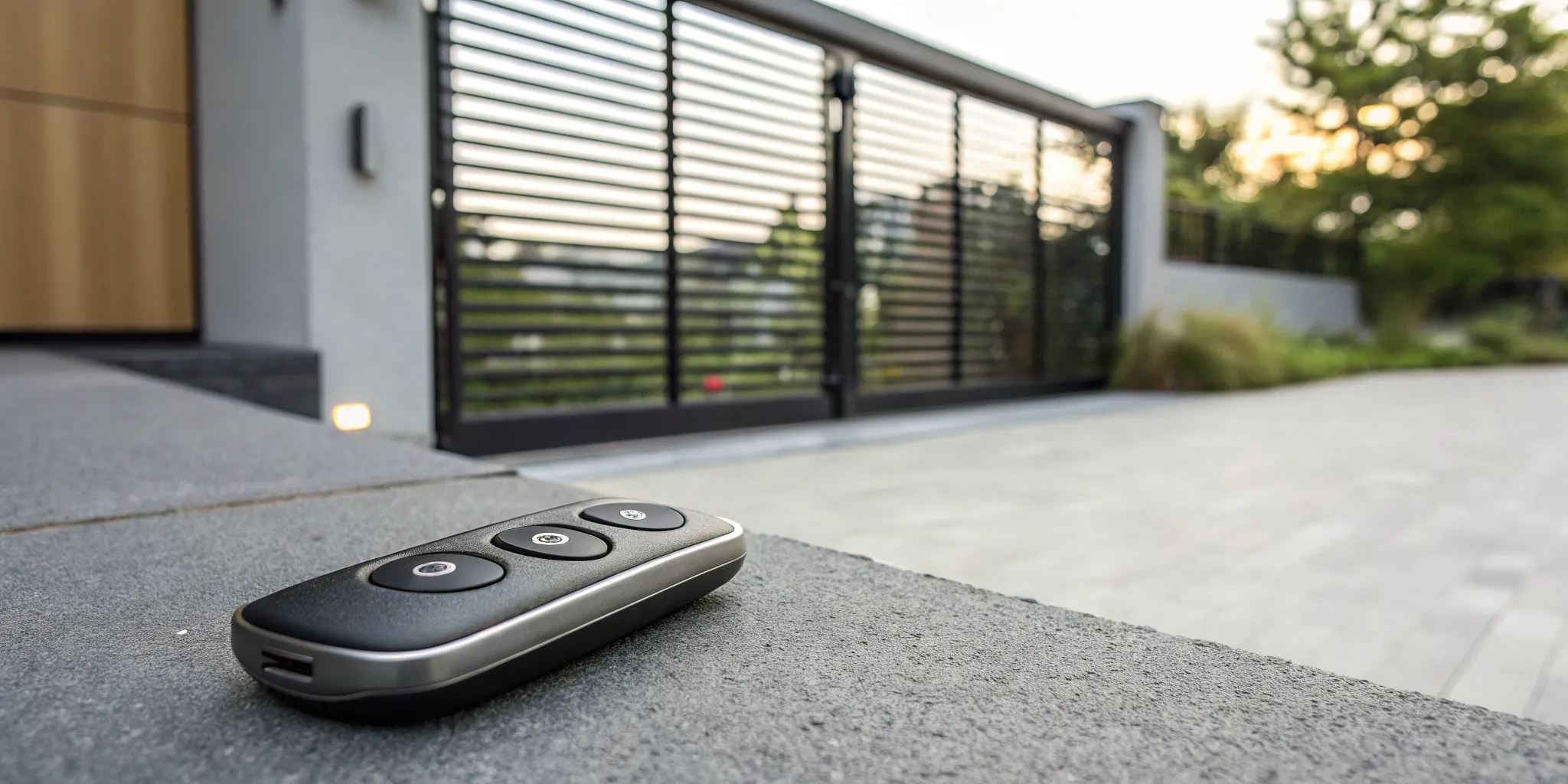 Gate opener remote in front of a modern automatic gate.