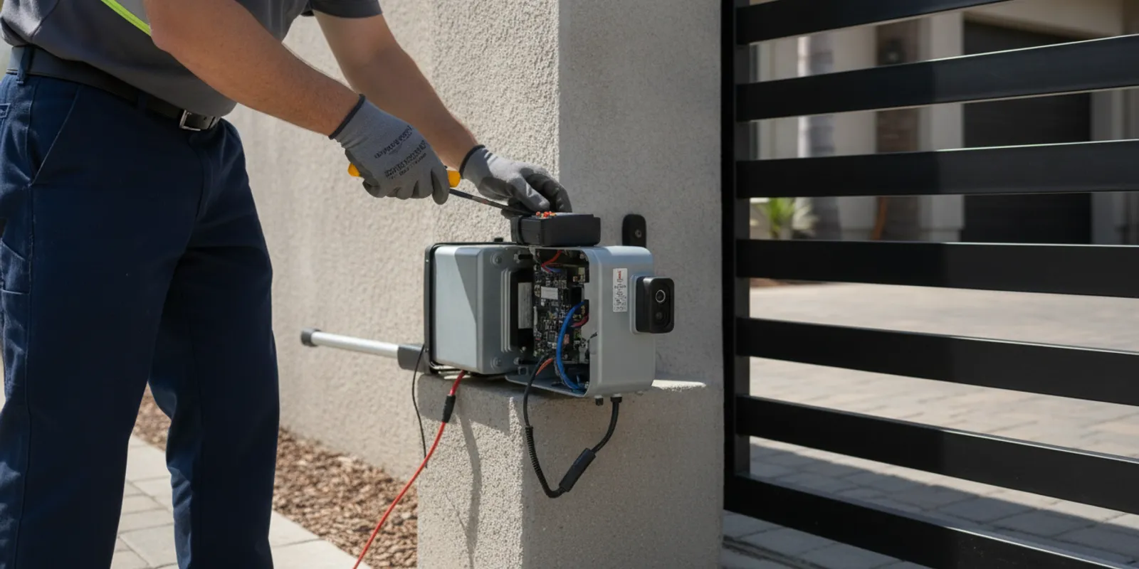 Technician examining a gate operator and photo-eye sensor during a service visit