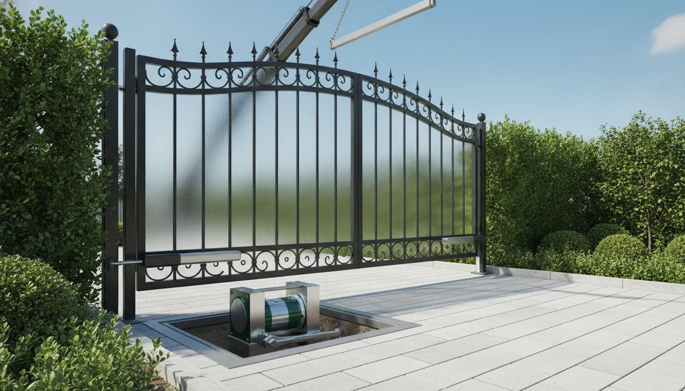 Installed underground swing-gate motor beside a premium double swing gate